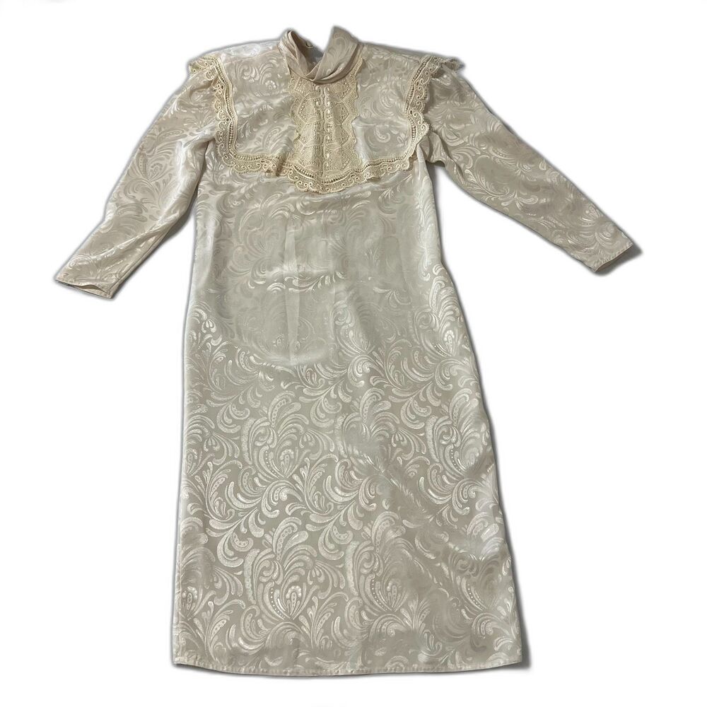Michelle Stuart Vintage Ivory Jacquard Lace Bib Maxi Dress 5/6 Victorian